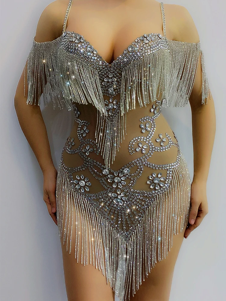 Summer Mesh Sexy Pearls Crystals Chains Dress See Through Birthday Party Celebrate Tassels Costume Nightclub Fringes Outfit