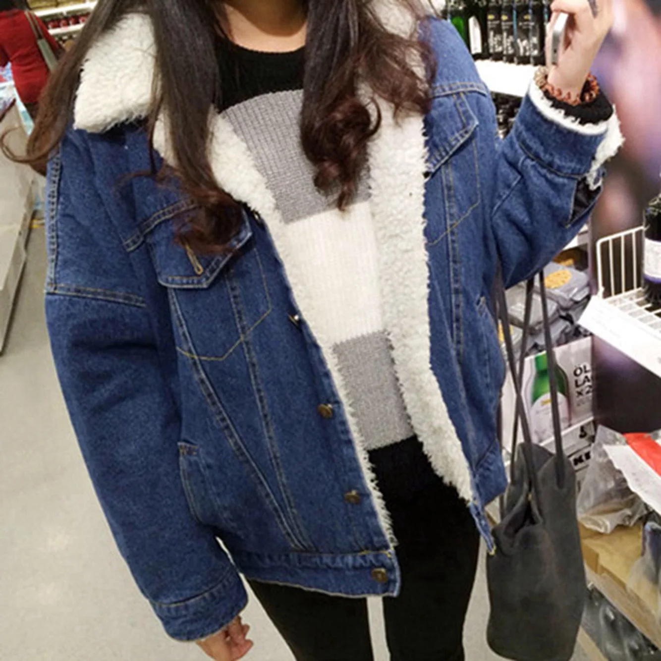 

Autumn And Winter New Style Brushed And Thick Jeans Coat Women's Loose And Plus-sized Lambs Wool Cotton Overcoat Students BF Fas