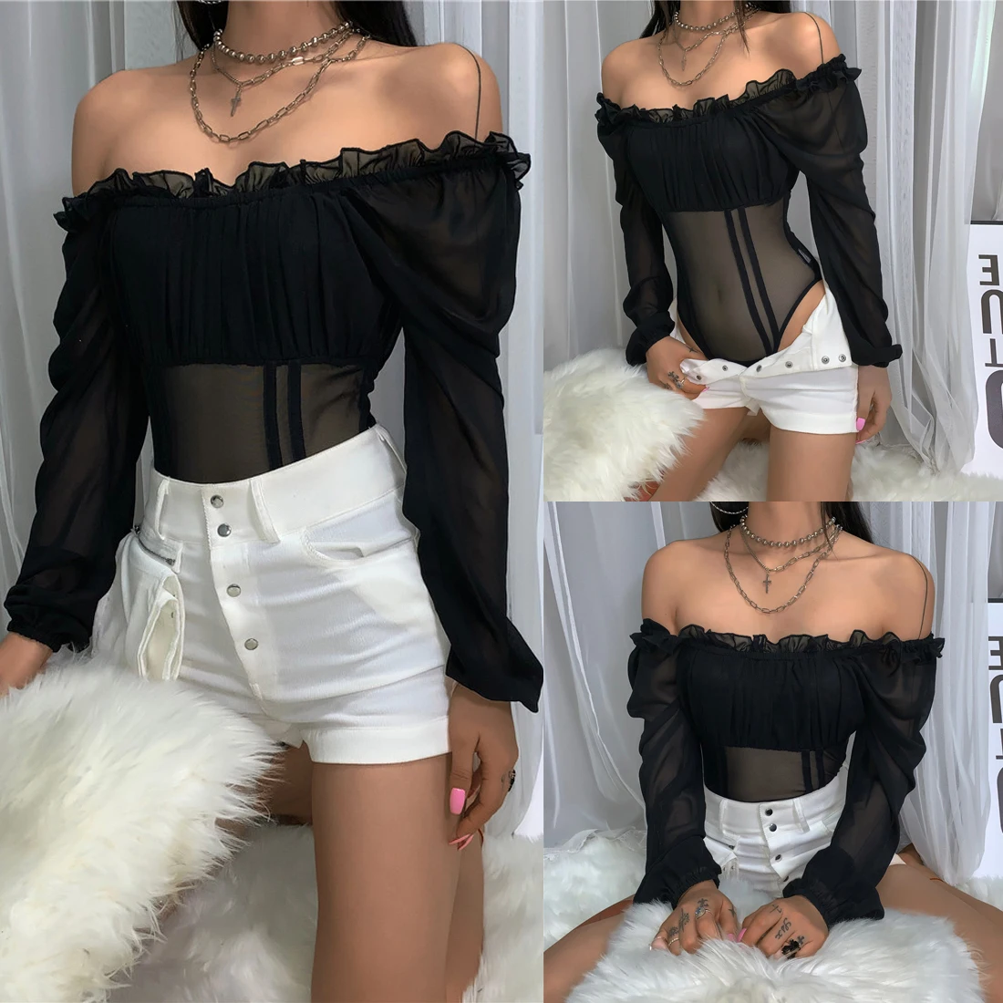 Women Bodysuit Bodycon Jumpsuit Romper Leotard Long Sleeve Ruffles Mesh Patchwork See Through  Tops Playsuit