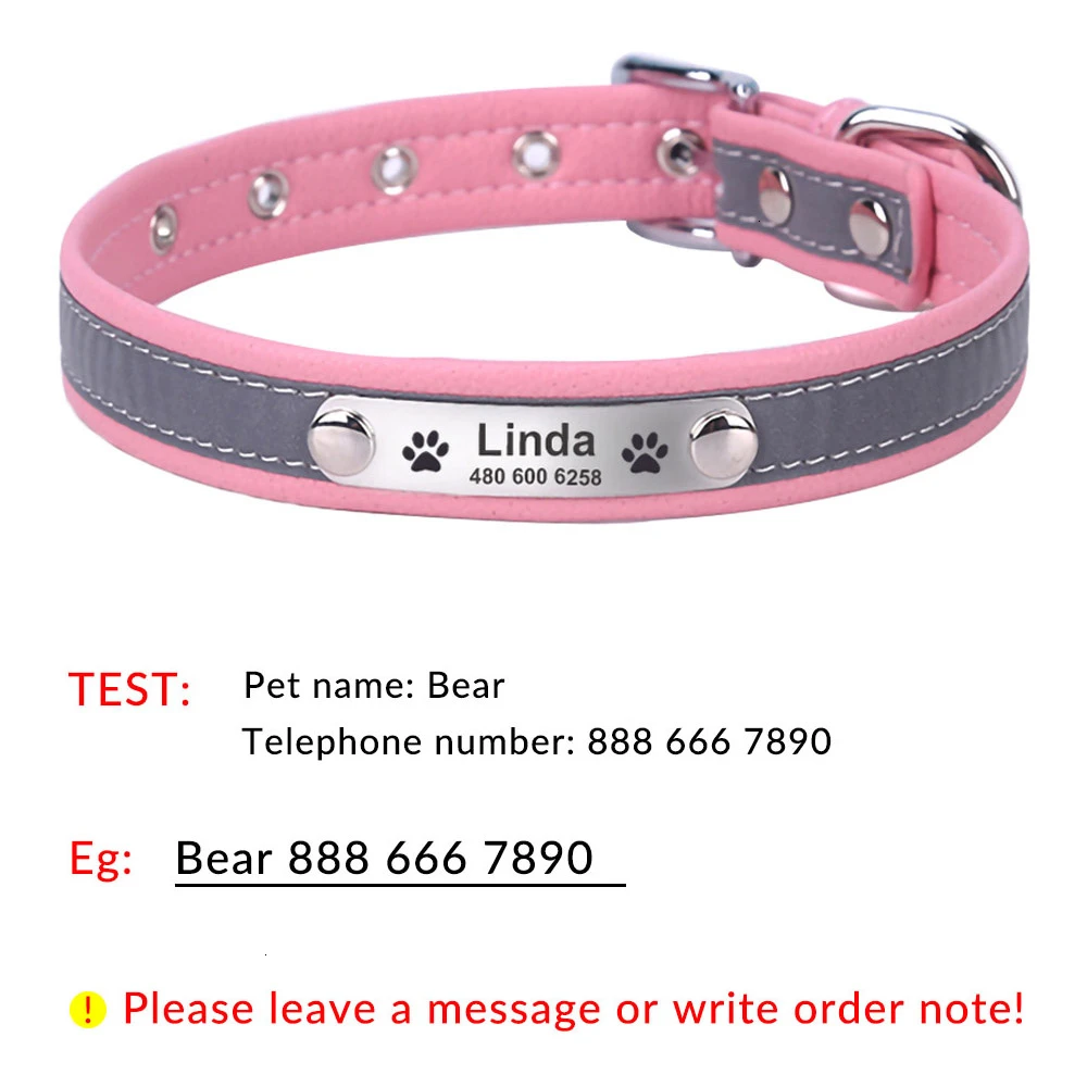 Pink Dog Collar Светоотражающий кожаный персонализированный Выгравированный ошейник для собак на заказ ошейник для щенков, кошек, домашних животных идентификационная бирка для маленьких больших средних собак XS-XXL - Цвет: Pink Dog Collar