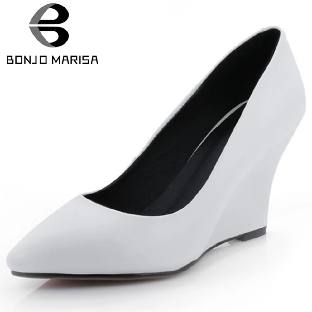 

BONJOMARISA Ladies Spring Office Elegant High Wedges Pumps Concise Solid Shallow Pumps Women OL Pointed Toe Shoes Woman