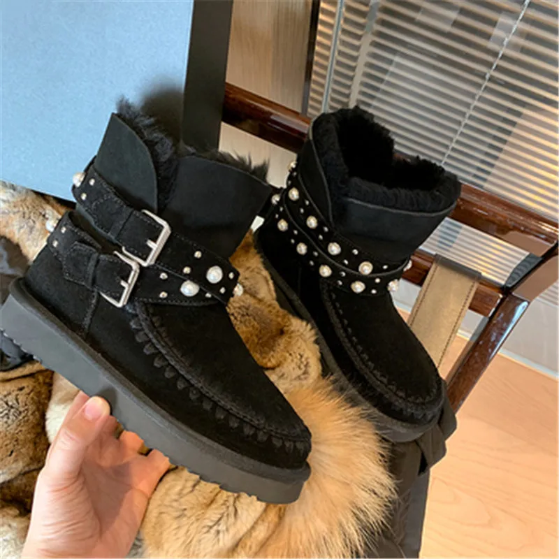 Botas Mujer; женские ботинки; зимняя обувь с жемчугом; chaussures femme; плюшевые женские ботильоны; женская обувь без застежки с бахромой; scarpe donna; с пряжкой - Цвет: AS SHOW