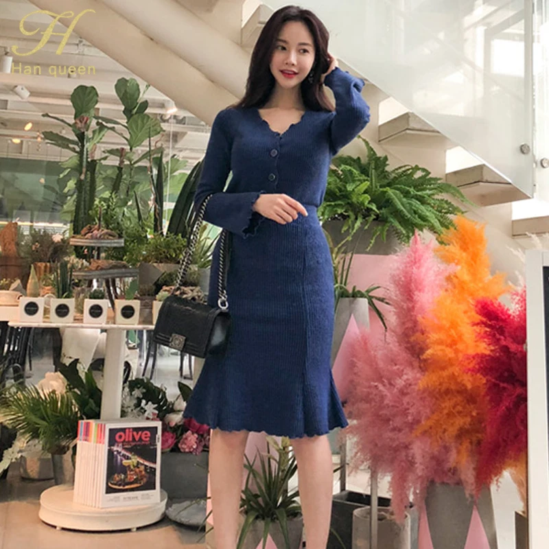 Blue H Han queen/Новинка, 2 предмета, вязаные костюмы для женщин, Осень-зима, однобортный Кардиган, свитера и Русалка, облегающая юбка, OL комплект - Цвет: Blue