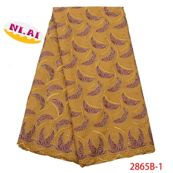 

Nigeria Shipping Swiss Voile Lace Fabric Mesh Embroidery Fabric With Stones Yellow Lace In African Lace Sewing Pompom NA2865B-3