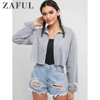 

ZAFUL Drop Shoulder Raw Hem Crop Jacket Turn-Down Collar 2019 Autumn Warm Casual Short Tops Solid Zip Up Outdoor Women Jackets