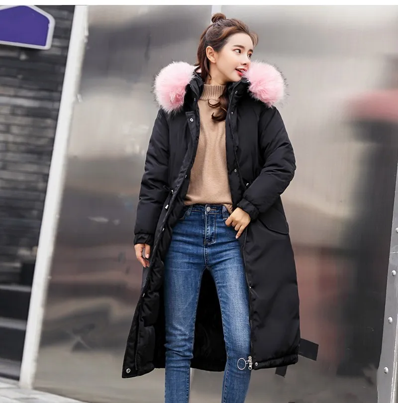 Tide Vogue модная женская Повседневная Длинная зимняя куртка высокого качества с меховым капюшоном теплая верхняя одежда однотонная приталенная куртка с карманами - Цвет: Black Pink Collar