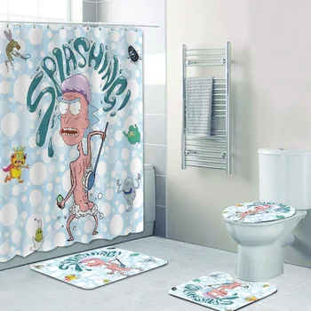 

4PCS Set Rick and Morty Shower Curtain for Bathroom Bath Rug Carpet for Toilet Lid Cover Splashing Rick Bathtub Home Decor Gift