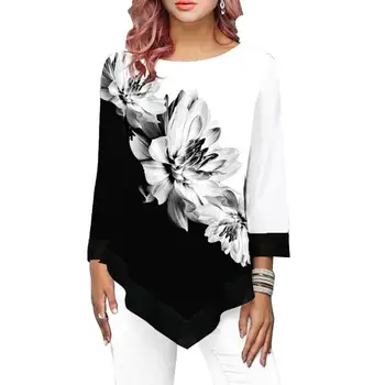 

Plus Size Women Top Tee Spring Autumn Female Floral Print T Shirt Casual O-Neck Irregular T Shirts Large Size Top Pullover M-5XL