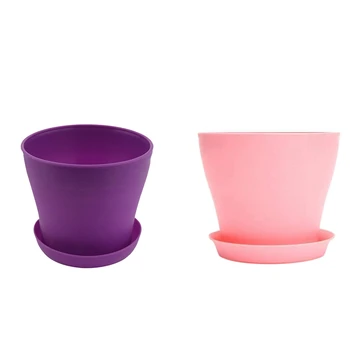 

2Pcs Plastic Plant Flower Pot Planter with Saucer Tray Round Gloss Home Garden Decor,Upper Caliber 14Cm / 5.51 Inch - Purple & P