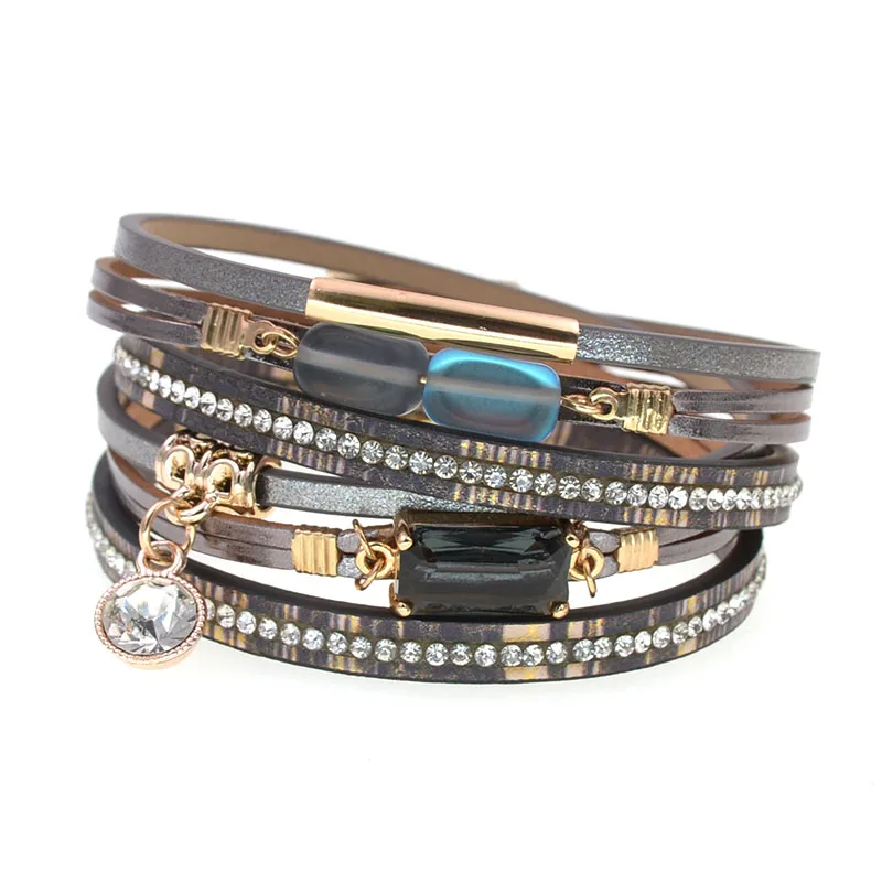 WELLMORE NEW fashion glass bracelet leather charm bracelets for women Luxury Wedding Statement Jewelry Wholesale drop shipping