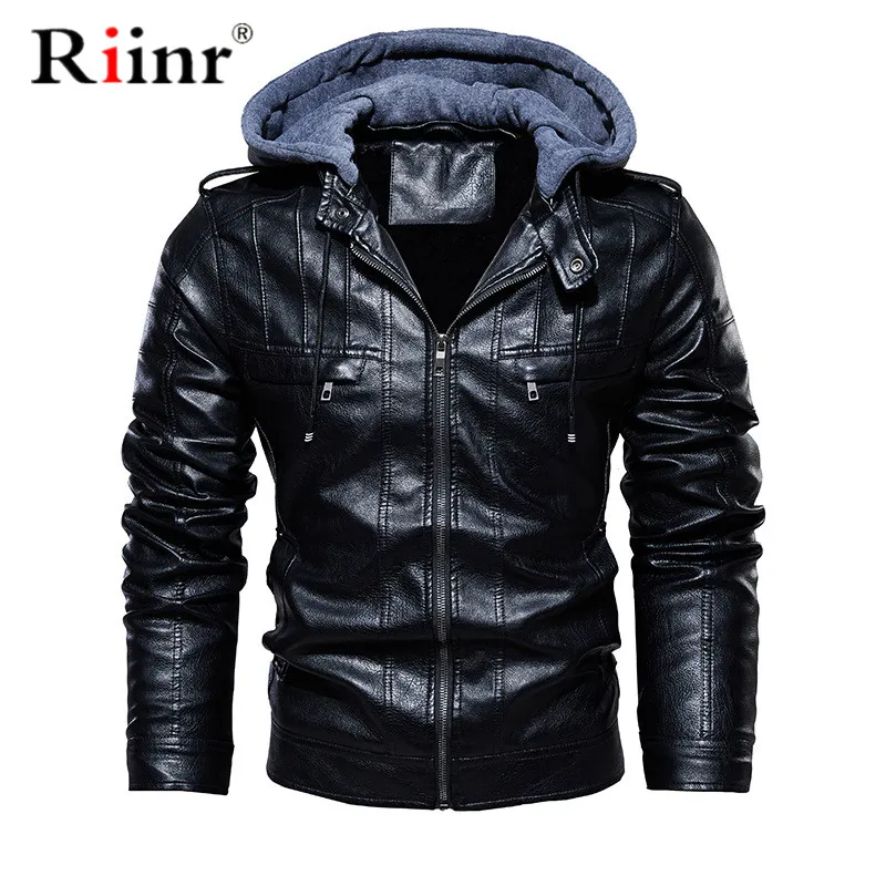 Мужская куртка с капюшоном и пальто на осень и зиму, Теплые повседневные кожаные куртки, пальто из искусственной кожи, приталенная верхняя одежда, мужская спортивная одежда с капюшоном на молнии