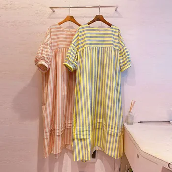 

Korean Style Women Dress Fashion Cotton Striped Short Sleeve Dress Female 2020 New Summer Wild Temperament Women Clothing