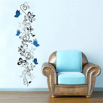 

Hot Promotion Black Flower Rattan Butterfly Pattern wall Fridge Sticker PVC Removable Home Room Decoration
