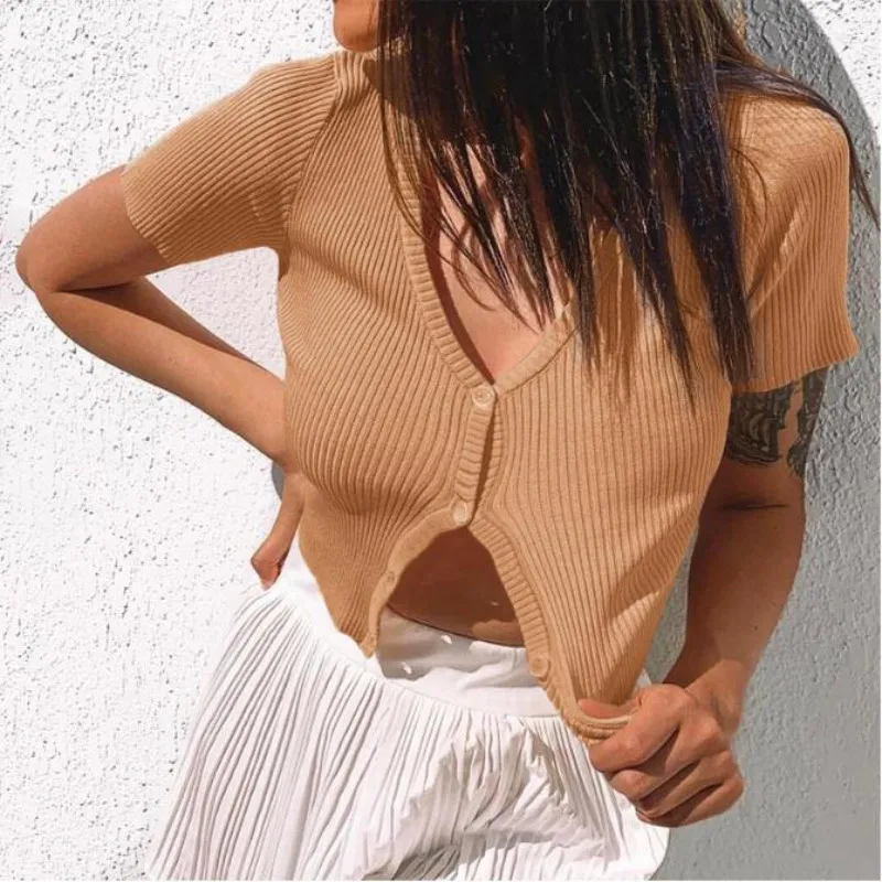 2020 Short Sleeve Buttons Cardigan Sexy Crop Tops Summer Women Fashion Knitted Casual Bodycon Stretchy T-shirts