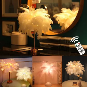 

Feather LED Table Lamp Tree Lamp with Remote Control Feather Lampshade Warm White Light Wedding Lights Christmas Birthday Gift