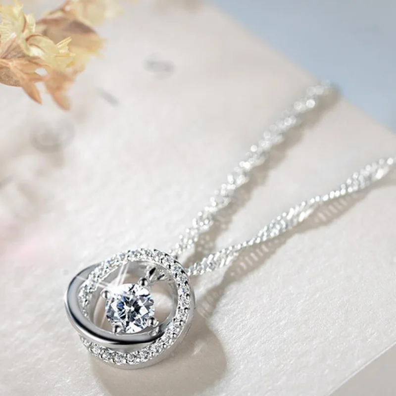 KOFSAC Fashion 925 Sterling Silver Necklaces For Women Shiny Zircon Round Geometric Pendant Jewelry Lady Engagement Accessories | Украшения