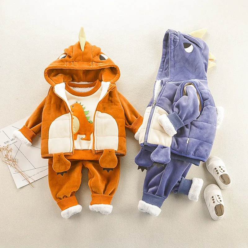 0-4 years winter boy girl clothing set casual thicker warm cartoon cute kid suit children baby clothing vest+hoodies+pant