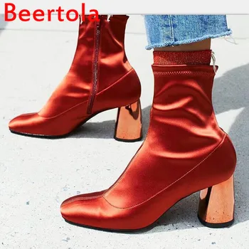 

Brand Beertola silk Women's Ankle Boots Leather Pointed Toe Zipper Botas Mujer High Heels Boots Women Four Style Pumps Ladies