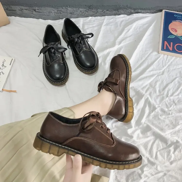 

British-Style Retro Small Leather Shoes Women's 2019 Autumn New Style Korean-style Versatile Students Flat Lace-up Black Single
