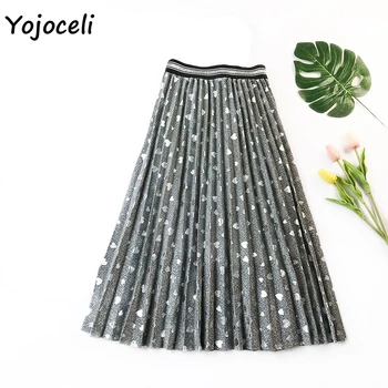 

Yojoceli shiny heart jacquard pleated skirt women streetwear midi skirt sample sale