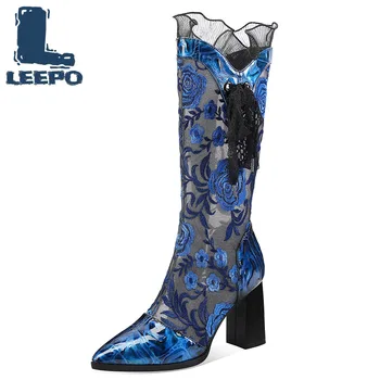 

Summer Boots for Women Luxury Cow Leather High Heels Pointed Toe Net Perforated Woman Mid Boots Sexy Hollow Mesh Booties Shoes