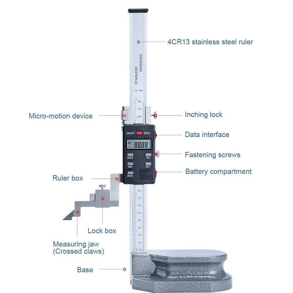 

Digital Ruler Altimeter 200 300 500 600 1000mm Stainless Steel Ruler Horseshoe Stable Base Carbide Claw Height Vernier Caliper