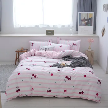

Pink and white strip bedding set with red cherry printing 4pcs bed set Duvet Cover King Size Queen for girl princess sweet lady