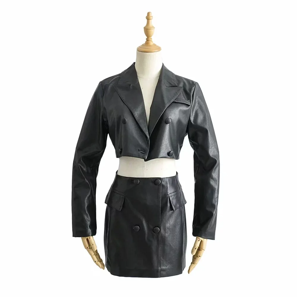 

European Bloggers Celebrity Style INS Fashion Fold-down Collar Short Leather Coat High-waisted Sheath Short Skirt PU Leather Ski