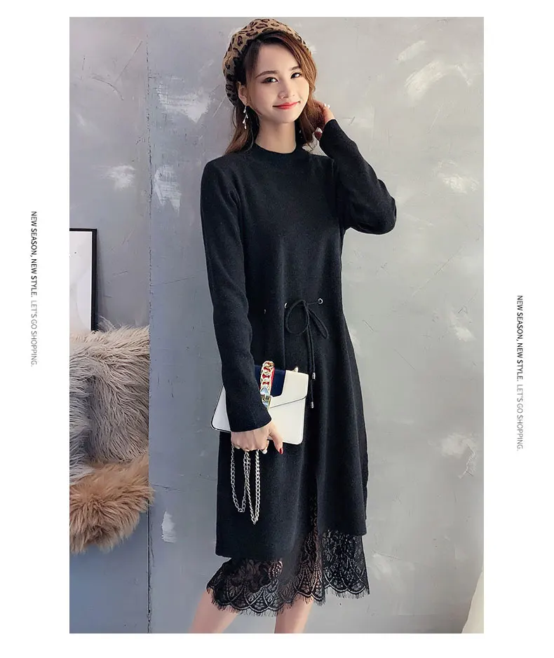 elegant O-neck loose long Thick Sweater dress women Autumn Winter lace Drawstring dress Femme Lace Up loose robe Knitted dress