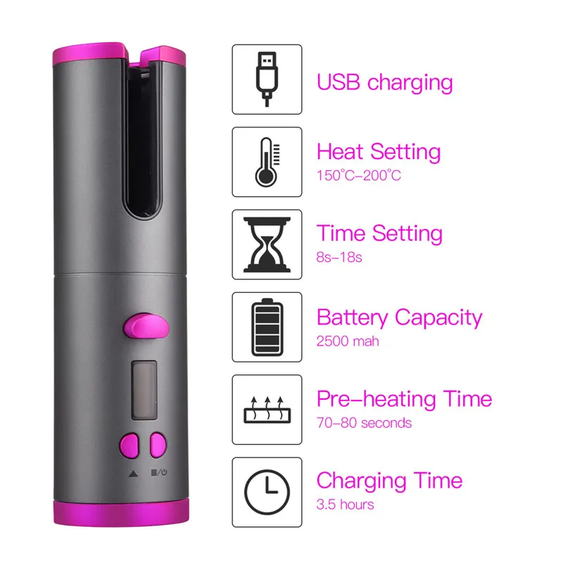 Modelador de Cabelo Rolo de Cerâmica sem Fio Vacilar com Display Automático Curling Ferro Varinha Rotativo Barril Usb Recarregável Digital Led 5 Cheap Curling Irons