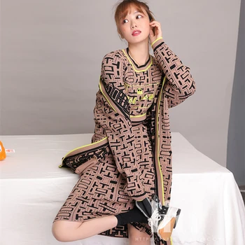 

2019 Autumn Winter Women's Geometric Pattern Knitting Long Jacket + Pullover Sweater + Pencil Skirt Suits Fashion 3 Piece Sets