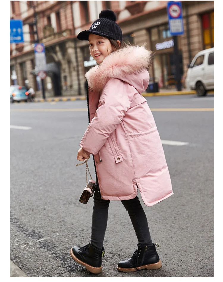 Детская куртка на утином пуху длинное плотное зимнее пальто для мальчиков детские куртки для девочек, верхняя одежда Зимний комбинезон с меховым воротником и капюшоном