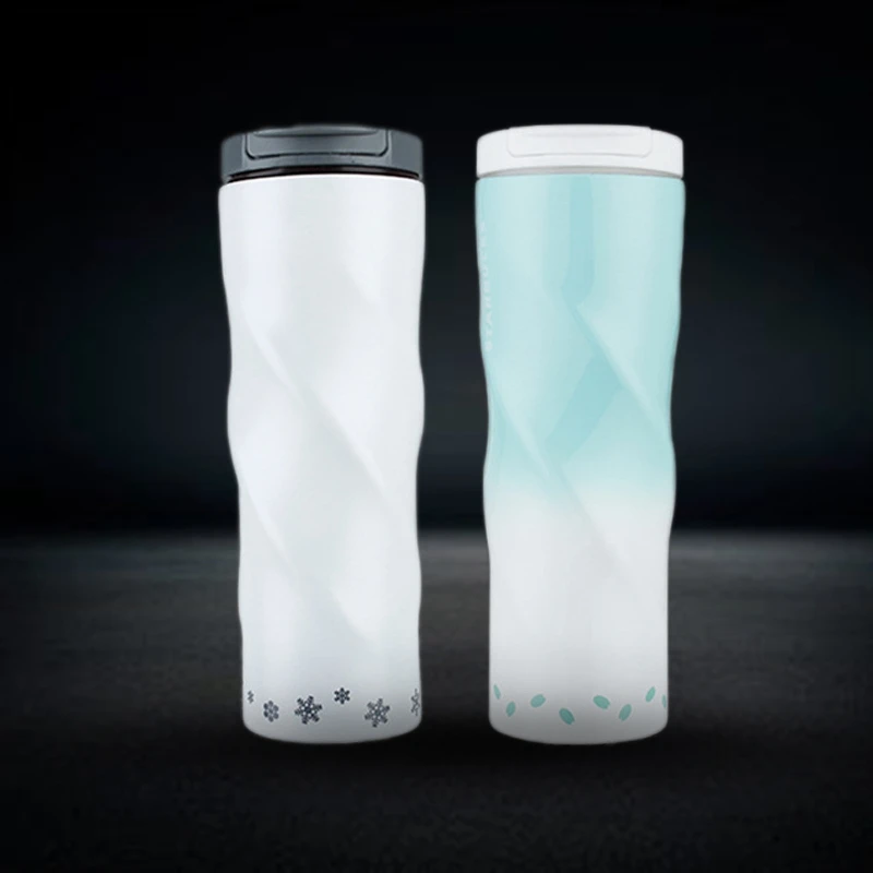 2 Pcs 500Ml Coffee Insulation Cup Stainless Steel Spiral Vacuum Flask Portable Gradient Travel Thermal Mug, White& Blue