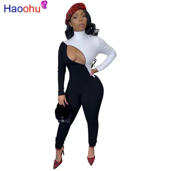 

HAOOHU Sexy Zip Cut Out Bodycon Jumpsuit Rave Festival Turtleneck Body One Piece Club Outfit Long Sleeve Rompers Women Jumpsuit