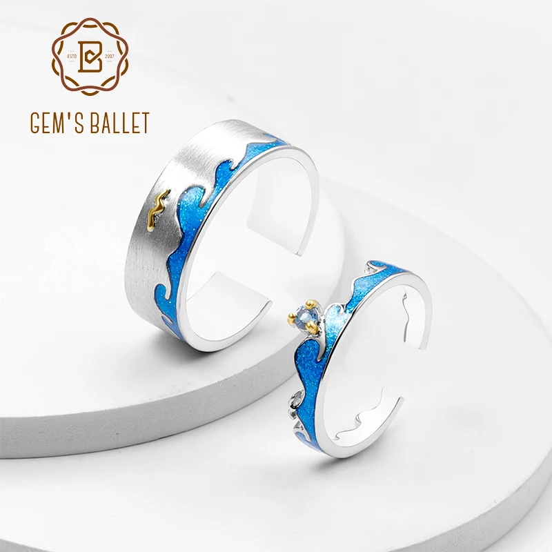 

GEM'S BALLET 925 Sterling Silver Enamel Rings Fine Jewelry Natural Blue Topaz Handmade Adjustable Open Ring For Couple
