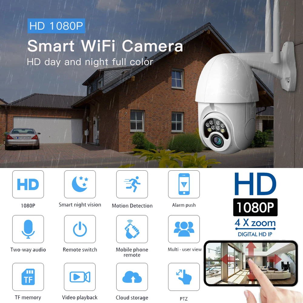 Открытый Водонепроницаемый WiFi PTZ Pan Tilt 1080P HD Безопасности IP IR камера ночного видения