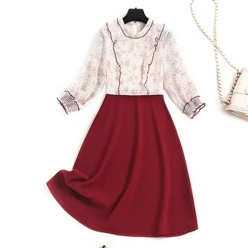 

New 2020 women girls autumn dress 3/4 sleeve color block line ruffles floral print chiffon patchwork a-line cute dresses