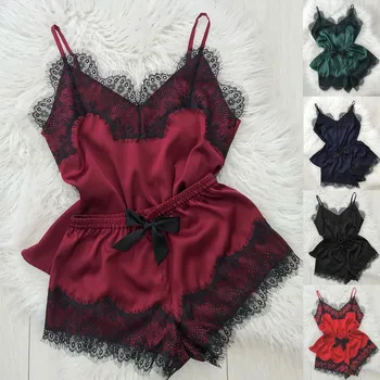 

Two Pieces pyjamas women sexy lingerie pijama mujer femme pizama female sexy lounge sets satin & lace sleepwear set#W