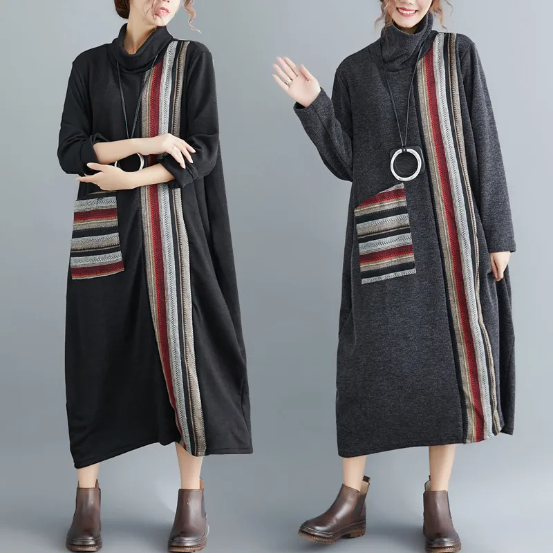 

2019 Fashion Large Size Women's Autumn Winter Clothing New Retro Fashion pocket stripe Loose high collar Long Dress Spring Dresses XA225