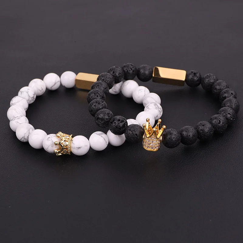 New Fashion Men Women Bracelet Natural Stone Lava Rock CZ Pave Queen Crown Charm Beads Elastic Bracelet For Women Men - Image 6