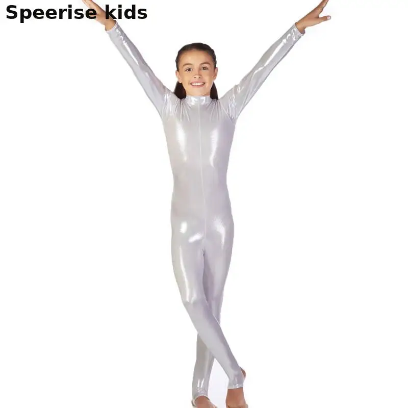 Speerise Kids Shiny Spandex Bodysuit 등자 두 번째 피부 메탈릭 나일론 Catsuit Zentai Unitard 긴 소매 체조 스포츠웨어