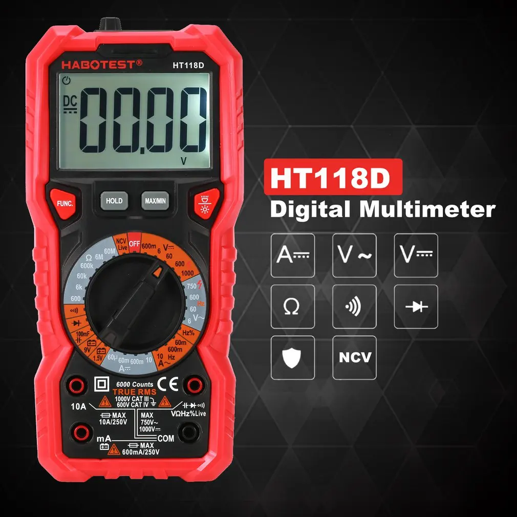 Цифровой мультиметр HT118A HT118C HT118D Подсветка Зуммер AC DC Амперметр Вольтметр Ом измеритель температуры Удержание данных батарея тест