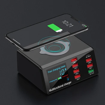 

8 Port Wireless Charging Station Desktop Multiport Fast Charging LED Screen USB Charger QC 3.0 Type C PD Port EU UK US AU Plug