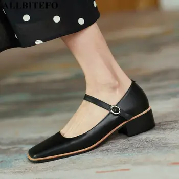 

ALLBITEFO square toe real genuine leather women heels shoes fashion casual women's high heel shoes high heels Talons hauts femme