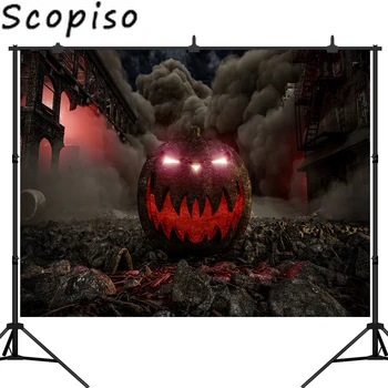 

Scopiso Halloween Photography Backdrops Horrible Pumpkin Dark Night Burning Building Photo Background Studio Props Background
