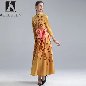 

AELESEEN 2020 New Fashion Runway Floral Print A-Line Dresses Office Lady Covered Single-Breasted Sashes English Style Long Dress