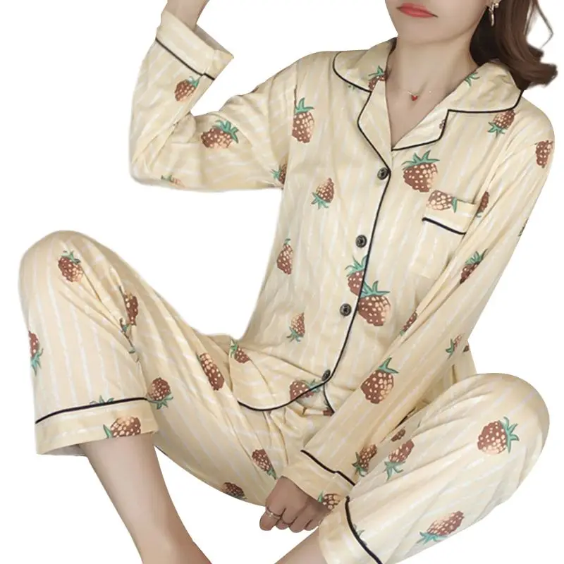 Женский пижамный комплект Kawaii С мультяшным принтом, пижама с длинным рукавом, на пуговицах, с круглым вырезом, свободные штаны, домашняя одежда, M-2XL, 19 видов стилей - Цвет: 17