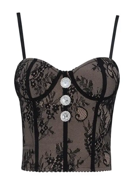 EFIOLY NY19A0166Off Shoulder Sexy Camisole Tops Female Lace Diamond Buttons Vest Crop Tops Women Fashion Clthing Spring New - Цвет: Черный