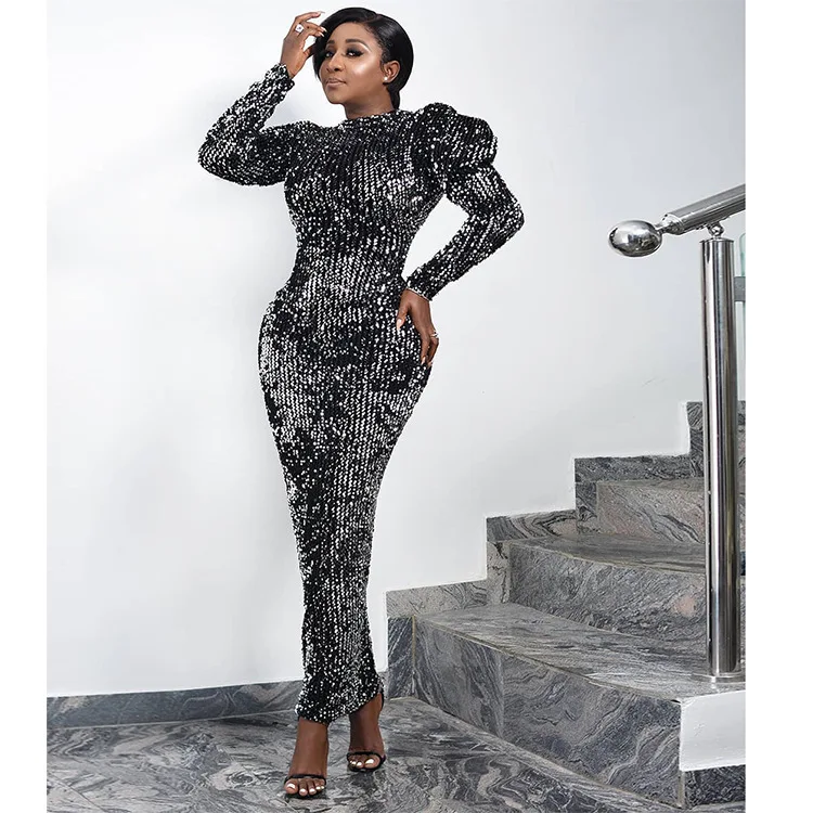 

Maxi Dress Sequined Glitter Sparkle Celebrate Party Women Long Puff Sleeves Bodycon Dresses with Zipper Package Hip African New