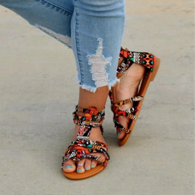 

LOOZYKIT Woman Slippers Women's Open Toe National Wind Embroider Sandals Bohemian Style Sandals Contrast Zipper Sandals
